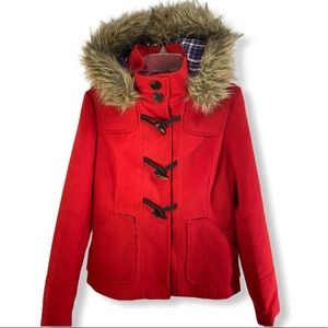 Stradivarius coat/jacket red with fur collar